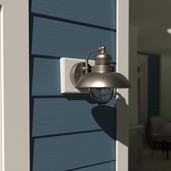 VAXCEL Harwich 8 in. H 1-Light Brushed Nickel Coastal Outdoor Wall Sconce Made of Durable Steel, Clear Seeded Glass Shade, LED Compatible, Use for Exterior Porch Patio Front Door or Garage