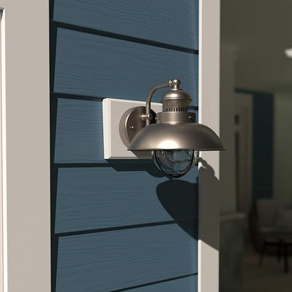 VAXCEL Harwich 8 in. H 1-Light Brushed Nickel Coastal Outdoor Wall Sconce Made of Durable Steel, Clear Seeded Glass Shade, LED Compatible, Use for Exterior Porch Patio Front Door or Garage