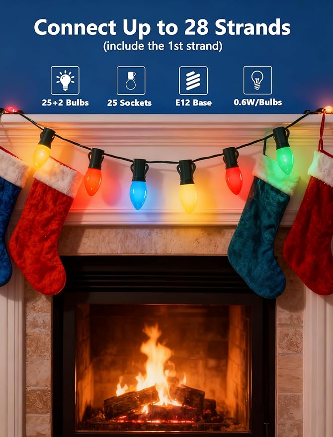 25Ft C7 LED Multicolor Christmas Lights Outdoor, C7 Vintage Christmas String Lights with 25 Shatterproof Colorful Bulbs, Hanging Retro Christmas Tree Lights for Party Backyard Garden Patio Holiday