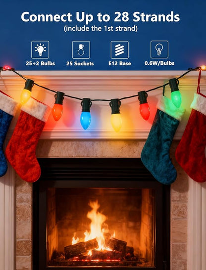50Ft LED Christmas Outdoor String Lights, C7 String Lights with 27 0.6W Ceramic Multicolor Bulbs, Vintage Christmas Lights for Holiday Party Backyard Wedding Garden Patio Porch Decor