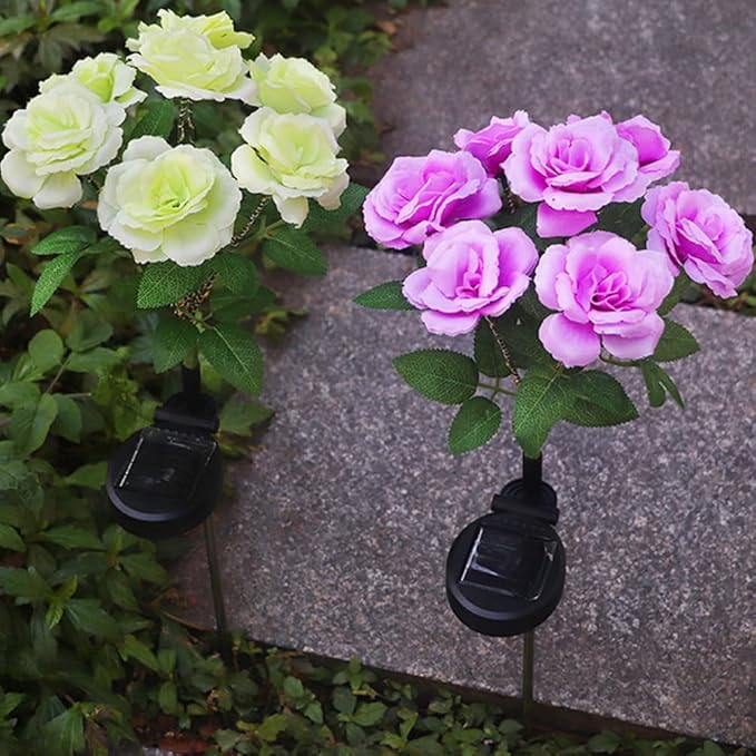 Aolyty Solar Garden Lights, 2 Pack Solar Rose Lights with 14 Rose Flowers, IP65 Waterproof LED Landscape Light Warm Light for Garden Patio Yard Pathway Valentines Day Outdoor Decorative (Pink)
