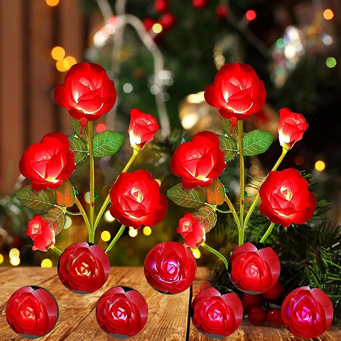 ANGMLN 2 Pack Solar Garden Lights Valentine's Day Decoration, Solar Flower Lights Outdoor Waterproof with 10 Head Red Rose 7-Color Changing Landscape Light for Pathway Garden Patio Yard