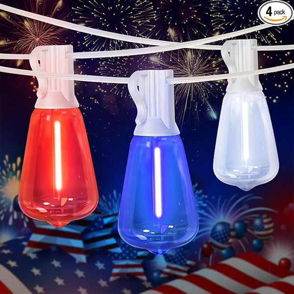 LAMPHOME 4-Pack 26Ft ST38 Outdoor Red White Blue String Lights, Patriotic Patio Light with 12+1 ST38 Edison Bulbs | Lumora