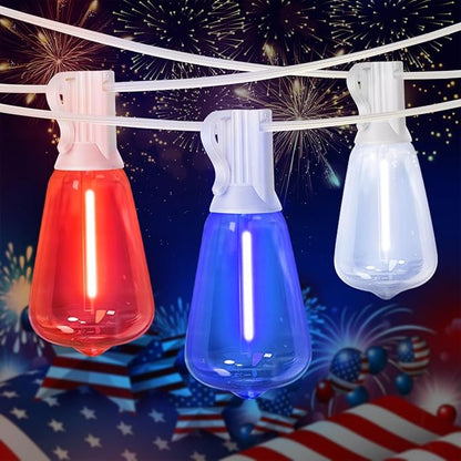 LAMPHOME 26Ft ST38 Outdoor String Lights, Red White Blue Patriotic Patio Lights with 12+1 ST38 Edison Bulbs, LED Shatterproof String Lights for Outside Bistro Christmas Patio Party Decorations