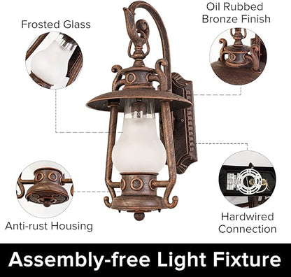 GZBtech Large Rustic Lantern Wall Sconce Outdoor, Vintage Rust Color Exterior Sconce Light, 110V Waterproof Kerosene Wall Mounted Lighting Fixture with Frosted Shade for Porch Garage Room, UL Listed