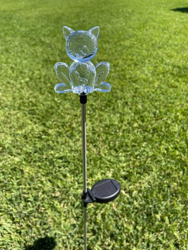 Set of 2 Clear Acrylic Cat Solar Garden Yard Landscape Path Stick LED Lights