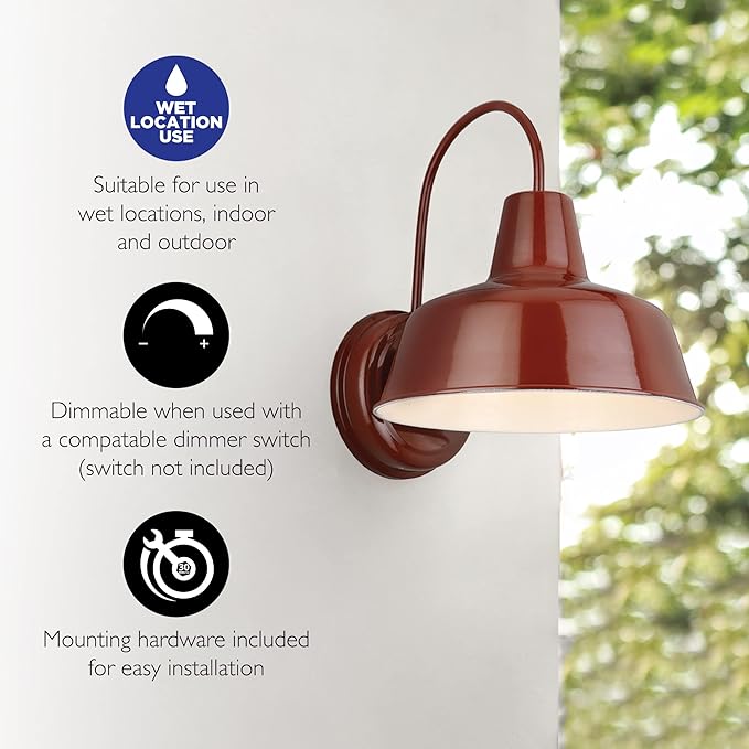 Design House Mason Farmhouse Gooseneck Barn Light, Outdoor Exterior Porch or Patio Wall Light Fixture, Rustic Red, 8 Inch Diameter, 1-Pack, 520559