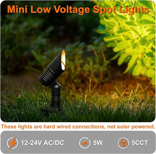 Mini Low Voltage Spot Lights Outdoor, 5W 12V LED Landscaping Spot Lights Wired for Outdoor Uplighting Yard Garden Tree House, 60° Beam Angle, 2200K/2700K/3000K/4000K /5000K, Black, 1PK