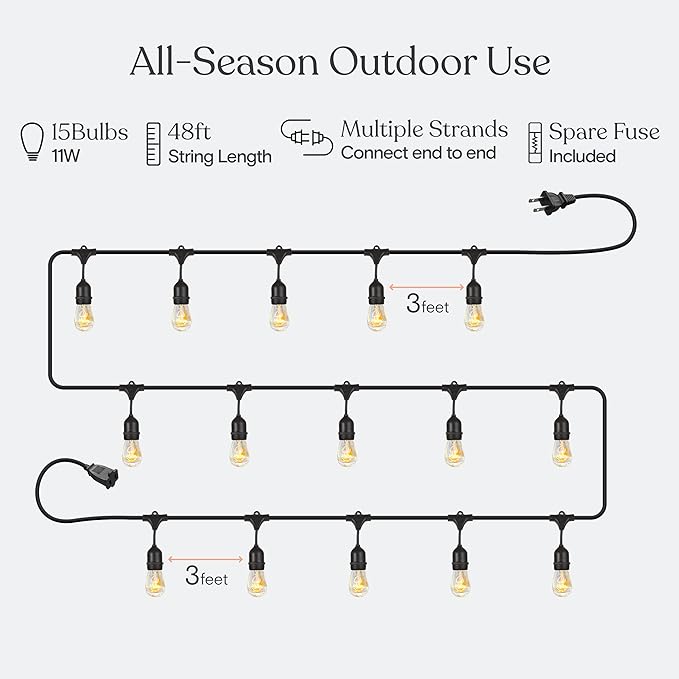 Brightech Bundle: Waterproof LED Outdoor String Lights Hanging, Dimmable 11W Bulbs - 48 Ft + String Light Screw Hooks - 15 Pack, Black