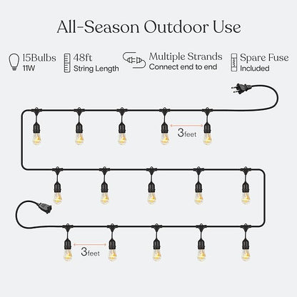 Brightech Bundle: Waterproof LED Outdoor String Lights Hanging, Dimmable 11W Bulbs - 48 Ft + String Light Screw Hooks - 15 Pack, Black
