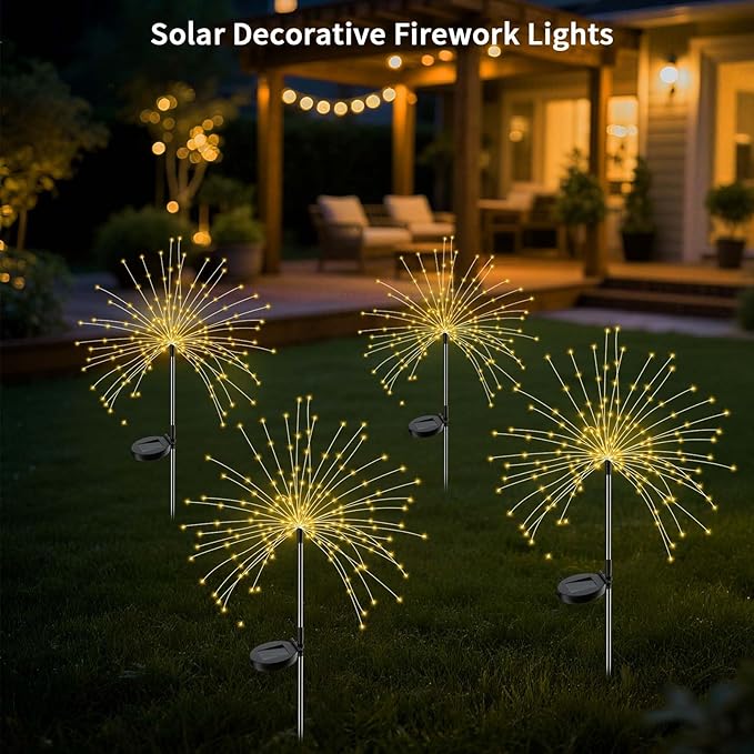 Solar Firework Lights Outdoor, 2 Pack 200 LED Fairy Lights with 8 Modes, Warm White Solar Garden Lights for Yard Pathway Lawn Patio Landscape Decor, Waterproof Fireworks for Outside
