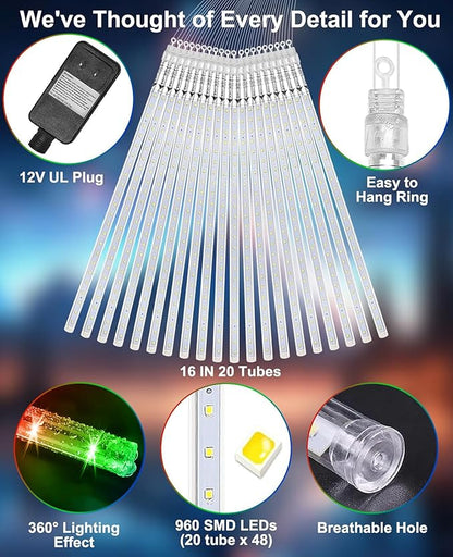 Christmas Lights Outdoor UL Certified Meteor Shower Light 16 Inch 20 Tubes 960 LED Falling Rain Drop Icicle Snow Cascading Lighting for Xmas Tree Wedding Party Garden Decoration, Colorful