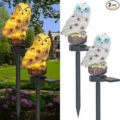 Solar Owl Outdoor Garden Light, 2 Pack Outdoor Path Solar Powered Owl Stake Lights for Walkway Yard Lawn Landscape Lighting (White Owl)