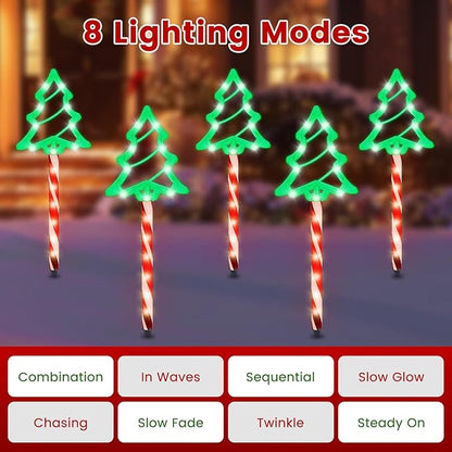 5 Pack Solar Christmas Pathway Lights, Outdoor Solar Christmas Decorations Stake Decorative Lights Xmas Tree with 8 Lighting Modes & IP65 Waterproof, for Garden Yard Patio Lawn Holiday Decor