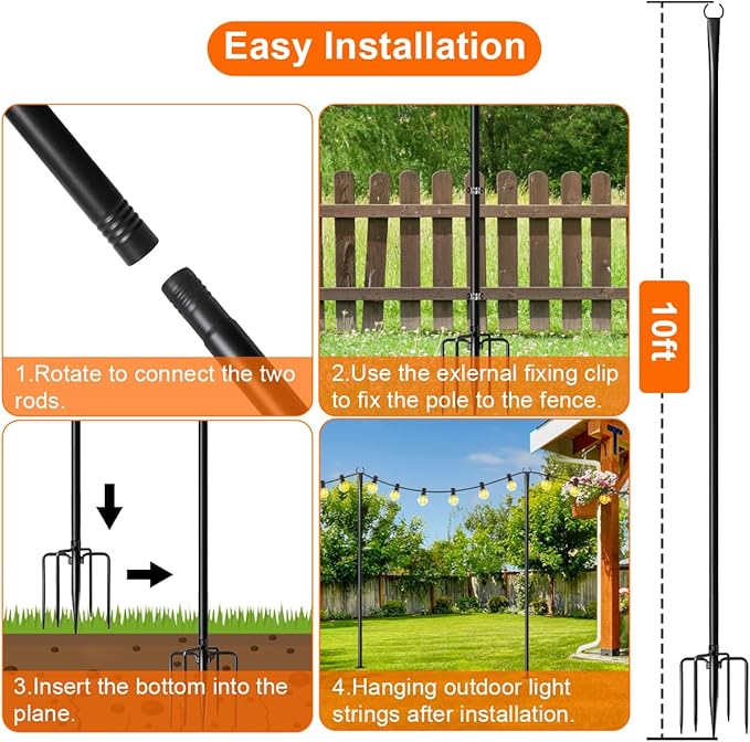 10Ft Metal String Light Poles with Fork for Outdoor Post Lights,4 Pack Pole for Hanging Christmas Lights Garden | Lumora