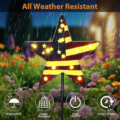 Garden Solar Lights 4th of July Decorations 3D Metal Stars for Outside with 11 Vintage Bulbs, Memorial Day Decorations American Flag Lights Patriotic Decor Outdoor Solar Pathway Light 46.5”
