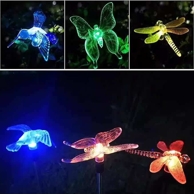 Outdoor Solar Powered LED Garden Light Landscape Lighting Waterproof Multicolor Color Changing Stake Light for Patio Yard Pathway Flowerbed Lawn Christmas Decorations Butterfly Dragonfly Hummingbird