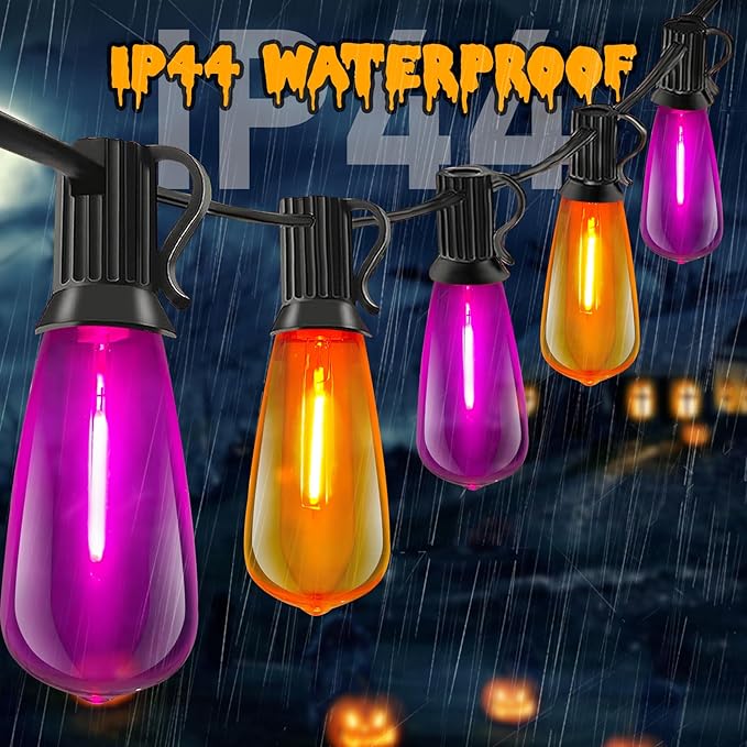 ST40 Purple and Orange Halloween Lights,10FT Outdoor LED Halloween String Lights with 11 Orange/Purple Flame Bulbs,Hanging Decorative Light String for Garden Porch Gazebo Bistro,Black Wire