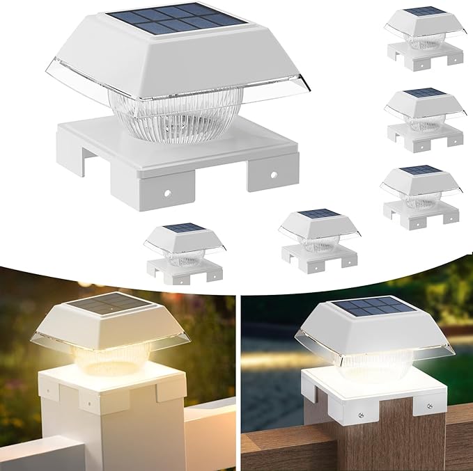 4x4 Solar Post Cap Lights with 2 Lighting Modes, 6 Packs Outdoor Post Light Solar Powered Waterproof IP65, Fence Deck Lights for 4×4 Wood/Vinyl Posts, White