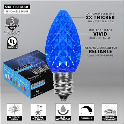 Wintergreen Lighting 25 C7 OptiCore LED Christmas String Lights – Blue Bulbs on Green Wire, Commercial Grade Outdoor Holiday Lights