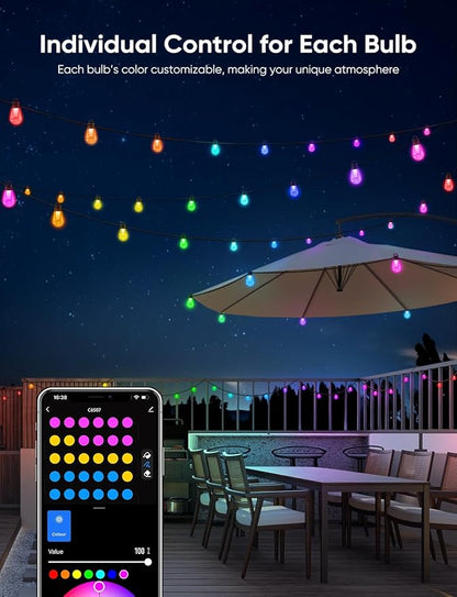 APPECK Smart Outdoor String Lights, 100ft RGBW Outdoor Patio Lights with 30 LED Bulbs, Extendable, 111 Scene Modes, IP65 Waterproof Lighting for Outside, Halloween Decor, Compatible with Alexa