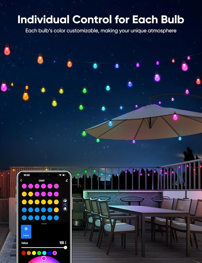 APPECK Outdoor String Lights, 150ft Smart RGBW Outdoor Patio Lights with 45 LED Bulbs, Extendable, 111 Scene Modes, IP65 Waterproof Lighting for Outside, Halloween Decor, Compatible with Alexa