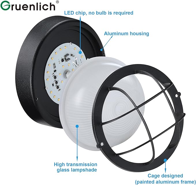 GRUENLICH 8'' Round LED Bulkhead Light Fixture, Outdoor Wall Lights Dimmable, Sauna & Exterior Lighting, ETL Rated, 15W 1500 Lumen, 3000K Warm White, Black Cast Aluminum, Wall/Ceiling Mount, 1 Pack