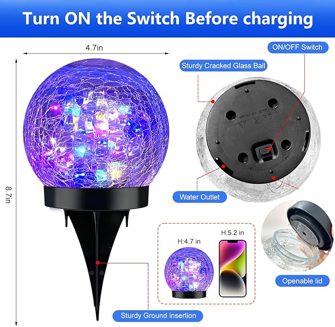2 Pack 60LED Solar Globe Lights Outdoor Waterproof 4.7in Cracked Glass Solar Balls Lights for Outside Yard Pathway Patio Lawn Landscape Decor Ground for Christmas Holiday Decor w/ Box ( Glass White)