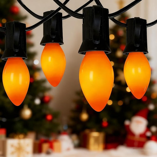 C9 Halloween String Lights, 25Ft Outdoor Orange String Light with 26 Clear Orange Bulbs(1 Spare), Halloween Lights for Indoor Outdoor Party Holiday Lighting Decor, Black Wire
