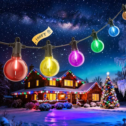 Christmas Outdoor String Lights 100FT, Colored Patio Lights, Shatterproof Dimmable Hanging Light with 50 LED G40 Bulbs Waterproof Outside Light for Xmas Halloween Garden Backyard Yard Bistro Holiday