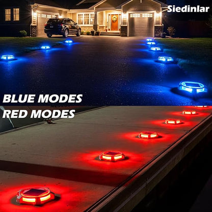 Siedinlar Solar Deck Lights Outdoor 2 Modes LED Driveway Markers Dock Light Waterproof for Step Walkway Ground Stair Pathway Yard Road Garden 1 Pack (Blue/Red)