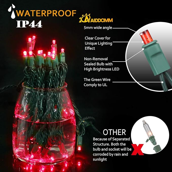 100 Counts LED Christmas Lights - 50 ft 5mm Red Commercial Grade Waterproof Indoor/Outdoor String Lights, Green | Lumora