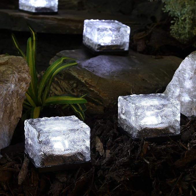 4 Pack Solar Path Ice Cube Lights Outdoor, Waterproof Glass LED Glass Clear Brick in-Groud Buried Festive Light Night Lamp for Garden Courtyard Pathway Patio Pool Pond Decoration(White)