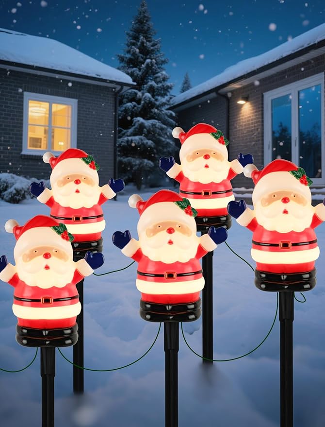 5 Pack Christmas Decorations Outdoor Santa Claus Pathway Lights, Connectable Garden Stakes with C7 Bulbs, UL | Lumora