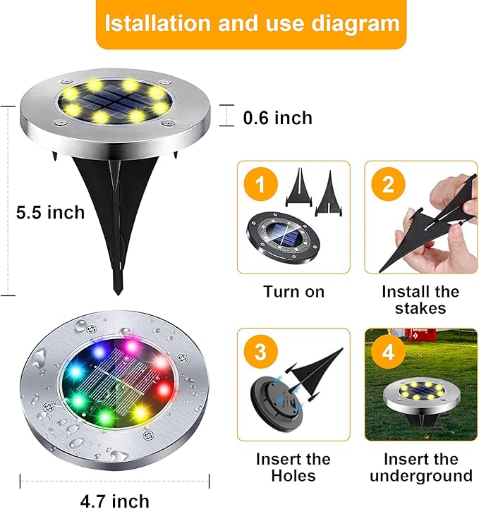 Solar Ground Lights,Multi-Color Auto-Changing 8LED Waterproof Solar Powered Lights In-Ground Outdoor Landscape | Lumora