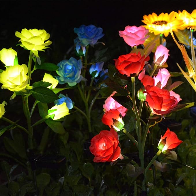 Homeleo [Upgraded 6 Flowers] Garden Solar Decorative Lights, Outdoor Waterproof Realistic Artificial Rose Flowers for Backyard Pathway Porch Step Memorial Cemetery Gravesite Decor, Red
