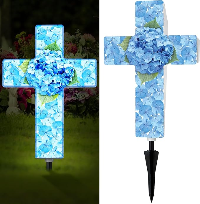 Yousoontic Hydrangea Solar Stake Light for Outdoor Memorial Hydrangea Garden Cross Stake Light for Grave Cemetery Blue Flower Solar Cross Garden Decor for Home Patio Yard Pathway Lawn Decoration