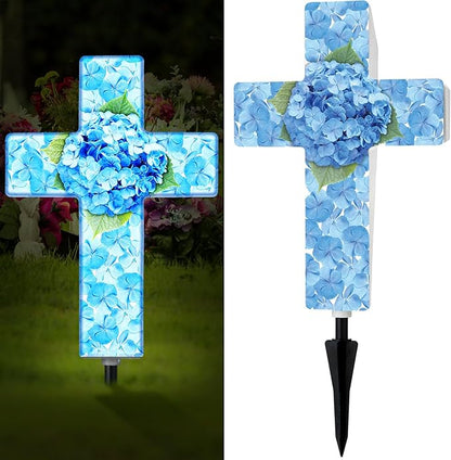Yousoontic Hydrangea Solar Stake Light for Outdoor Memorial Hydrangea Garden Cross Stake Light for Grave Cemetery Blue Flower Solar Cross Garden Decor for Home Patio Yard Pathway Lawn Decoration