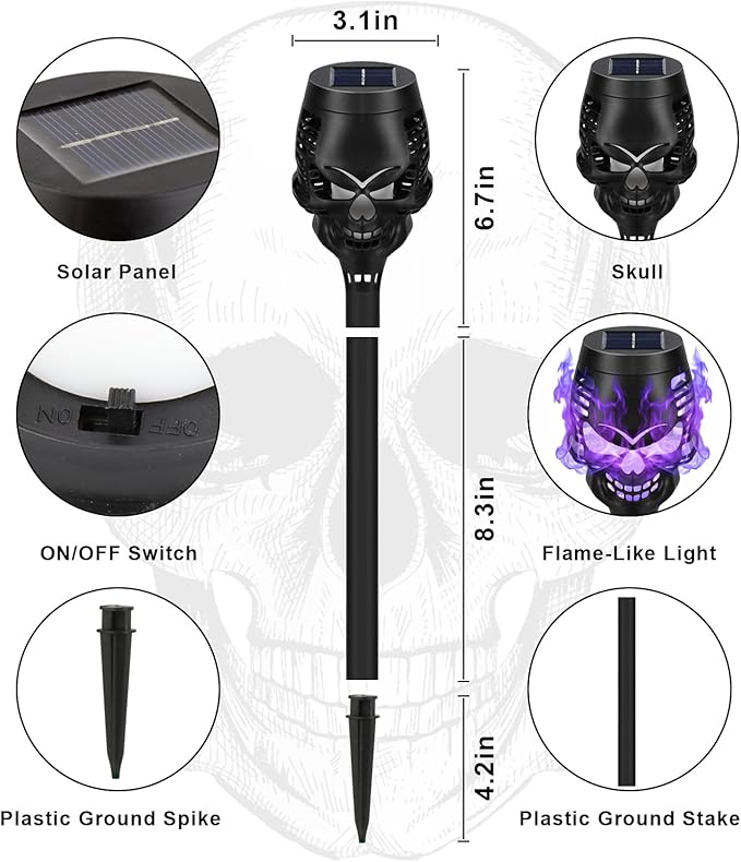 Solar Halloween Decorations Outdoor, 8 Pack Spooky Skulls Solar Torch Flame Lights, Waterproof Pathway Halloween Lights for Garden, Yard, Lawn, Porch, Landscape Decor, Purple