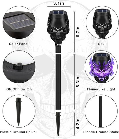Solar Halloween Decorations Outdoor, 8 Pack Spooky Skulls Solar Torch Flame Lights, Waterproof Pathway Halloween Lights for Garden, Yard, Lawn, Porch, Landscape Decor, Purple