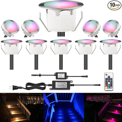 LED Outdoor Deck Lights Kits, Φ1.77in RGB 10 Pack Silver, Low Voltage 12V DC IP67 Waterproof, Multi Color Changing Remote Dimmable, Recessed Stair Step Floor Landscape Lighting