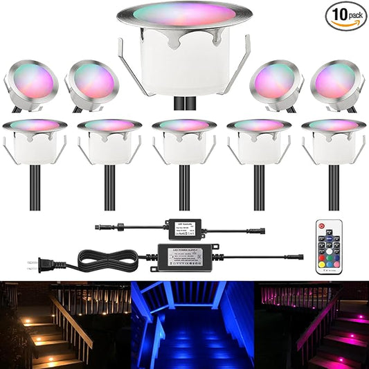 LED Outdoor Deck Lights Kits, Φ1.77in RGB 10 Pack Silver, Low Voltage 12V DC IP67 Waterproof, Multi Color Changing Remote Dimmable, Recessed Stair Step Floor Landscape Lighting