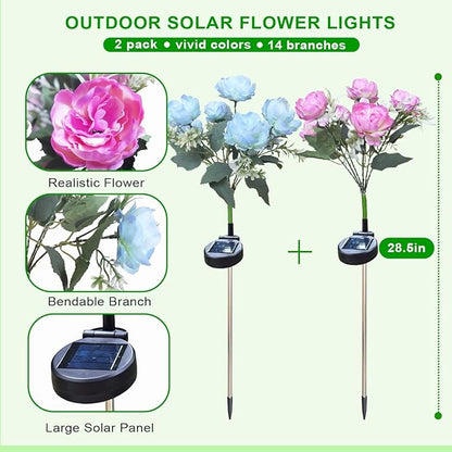 Solar Peony Flower Lights Outdoor, 2-Pack Blue & Purple 42-LED Solar Lights with Auto On/Off, Bendable Stems, Waterproof Decorative Garden Light for Yard, Patio, Pathway, Cemetery Gravesite