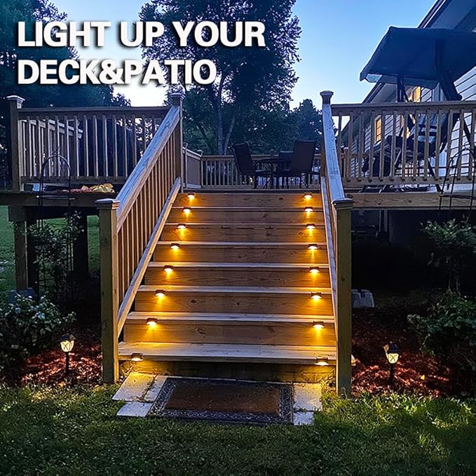 Solar Deck Lights Outdoor, 16 PCs LED Fence Lights Waterproof, Garden Decorative Step Lights for Patio Porch Stairs Yard Driveway Pathway (Warm White, 16-Pack)