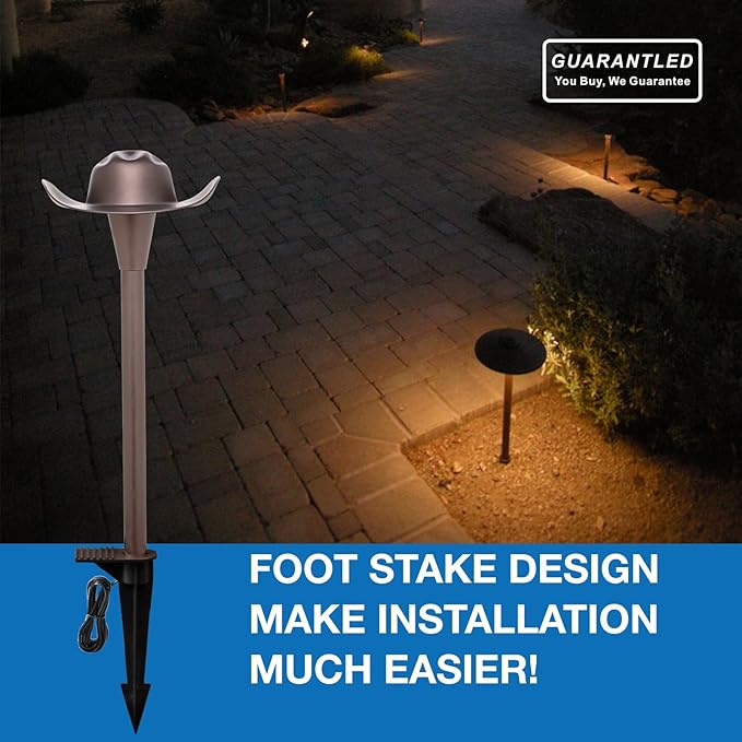 Low Voltage Landscape Path Lighting 6 Pack, 3CCT Selectable LED Path Lights, Aluminium Pathway Lights Wired, ORB Finish 12V 24V DC Compatible with Transformer, US Design Patented, Cowboy Hat