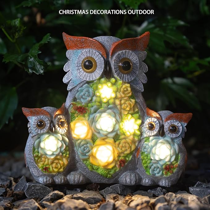 Solar Garden Statue Owl Decor – Cute Owl Family Figurines with LED Succulent Lights, Waterproof Outdoor Yard Art | Lumora