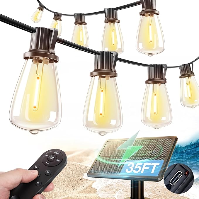 addlon 35FT Solar String Lights Outdoor, IP54 Waterproof Solar Powered with Remote & USB Port, 10+1 LED Shatterproof Bulbs, Dimmable Solar Light Outdoor for Camping Backyard Bistro Porch