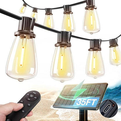 addlon 35FT Solar String Lights Outdoor, IP54 Waterproof Solar Powered with Remote & USB Port, 10+1 LED Shatterproof Bulbs, Dimmable Solar Light Outdoor for Camping Backyard Bistro Porch