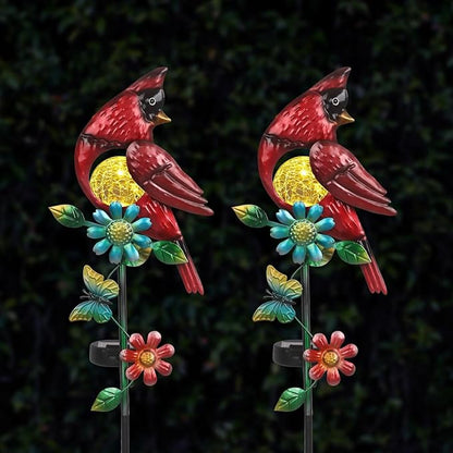 Caridnal Decor Solar Garden Stakes Outdoor Decorative Waterproof 2 Pack Metal Garden Sculpture Cardinal Solar Lights for Outside Lawn Yard Patio Cemetery Red Bird Gardening Gifts for Women
