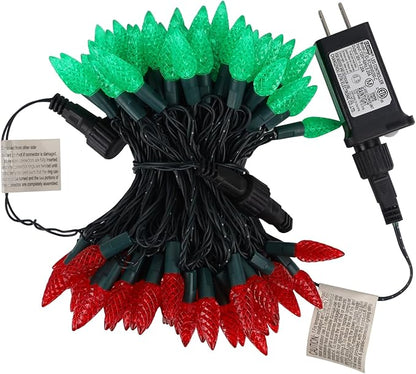 WATERGLIDE C6 Christmas Lights, 33ft 100 LED Faceted String Lights Green Wire Fairy Lights with Safe Adaptor, 8 Lighting Mode, Waterproof for Indoor Outdoor Patio Xmas Tree Party Decor, Red & Green